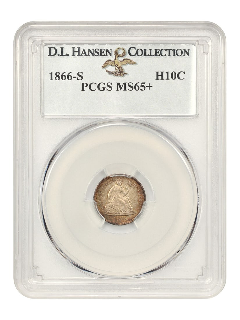 Liberty Seated Half Dime 1866-S H10C PCGS MS65+ ex D.L. Hansen: Liberty Seated Half Dime 1866-S H10C PCGS MS65+ ex D.L. Hansen This 1866-S Liberty Seated Half Dime is graded PCGS MS65+ and certified by PCGS. It is an uncirculated San Francisco issue with attractiv