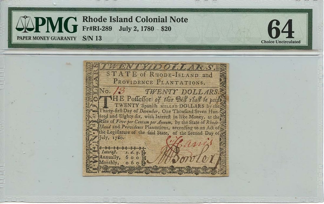 1780 $20 Rhode Island Colonial Note RI-289 PMG CU64 Certified: 1780 $20 Rhode Island Colonial Note RI-289 PMG CU64 Certified This is a fully signed Rhode Island Colonial Note dated July 2, 1780, with a denomination of $20. Graded PMG CU64, it is certified under n