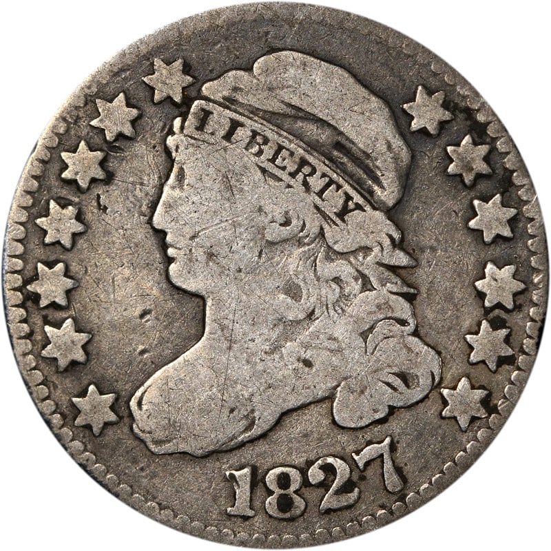 Silver United States Dime from 1827 Bust Series Circulated: Silver United States Dime from 1827 Bust Series Circulated This is an 1827 Bust Dime from the United States. The coin is composed of silver and is in circulated, pre-owned condition. It is uncertified
