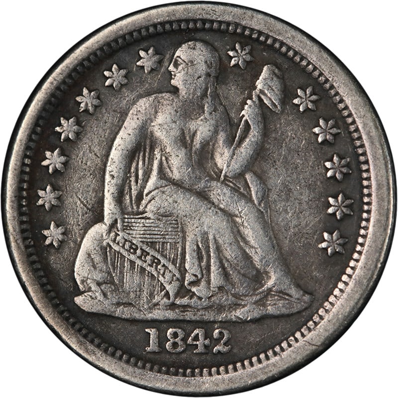 1842-O Silver Seated Liberty Dime Nice VF: 1842-O Silver Seated Liberty Dime Nice VF This 1842-O Seated Liberty Dime is a circulated silver coin from the United States, featuring a strong strike and attractive eye appeal. Graded as Very Fine (