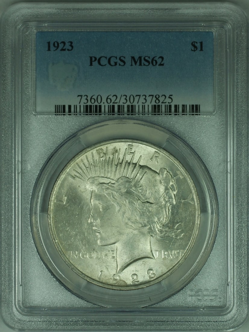 PCGS MS62 1923 Peace Dollar Silver Coin Philadelphia Mint Certified: PCGS MS62 1923 Peace Dollar Silver Coin Philadelphia Mint Certified This is a 1923 Peace Silver Dollar from the United States, certified by PCGS with a grade of MS-62. Struck at the Philadelphia Mint,
