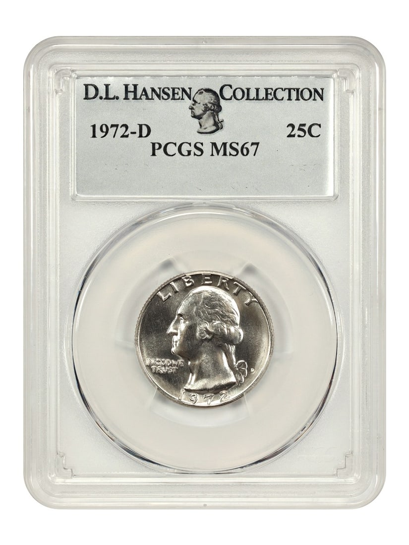 PCGS MS67 1972-D Washington Quarter 25C ex D.L. Hansen: PCGS MS67 1972-D Washington Quarter 25C ex D.L. Hansen 1972-D Washington Quarter graded PCGS MS67. This uncirculated 25C coin is from the Denver mint and is identified as ex: D.L. Hansen. Pre-owned co
