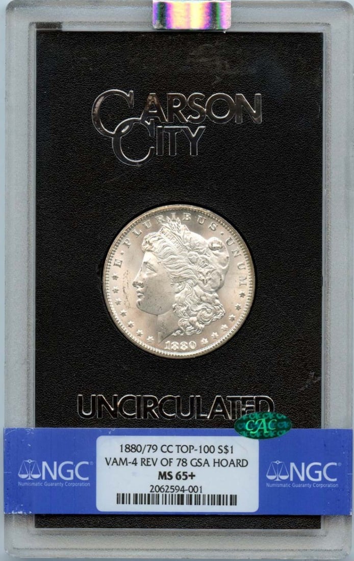 NGC MS65+ CAC 1880 Over 79 Carson City Morgan Dollar VAM-4 GSA Hoard: NGC MS65+ CAC 1880 Over 79 Carson City Morgan Dollar VAM-4 GSA Hoard This 1880/79-CC Morgan Dollar VAM-4 Rev 78 is part of the GSA Hoard and has been certified by NGC with a grade of MS65+ Plus and CA