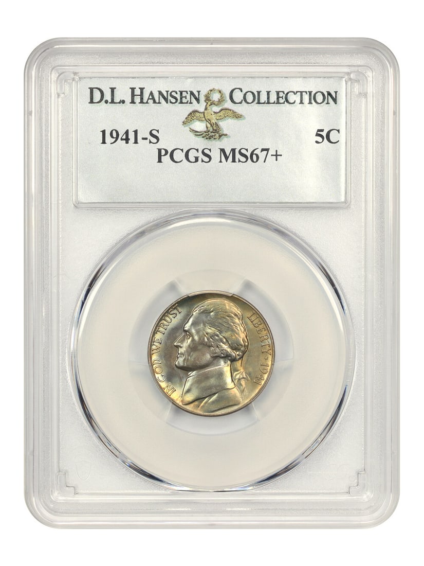 Jefferson Nickel 1941-S 5C PCGS MS67+ ex D.L. Hansen: Jefferson Nickel 1941-S 5C PCGS MS67+ ex D.L. Hansen This 1941-S Jefferson Nickel is certified by PCGS and graded MS67+. It is described as uncirculated and housed in a protective holder. The coin sho