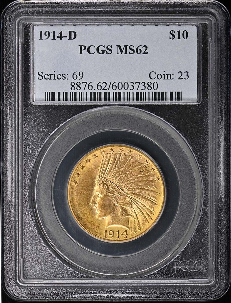 PCGS MS62 1914-D Denver Indian $10 Gold Coin: PCGS MS62 1914-D Denver Indian $10 Gold Coin This is a 1914-D Indian Head $10 gold coin graded MS62 by PCGS. The coin is uncirculated and was minted in Denver. It features the classic Indian Head desi