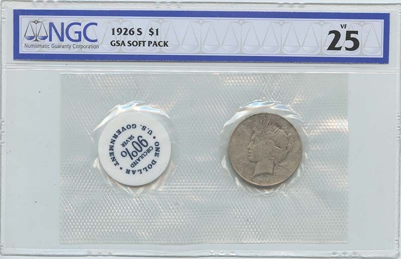 1926-S Peace Dollar in GSA Soft Pack NGC VF25 Certified: 1926-S Peace Dollar in GSA Soft Pack NGC VF25 Certified This 1926-S Peace Dollar is certified by NGC with a grade of VF25. Issued by the United States Mint, this circulated coin comes in a GSA soft pa