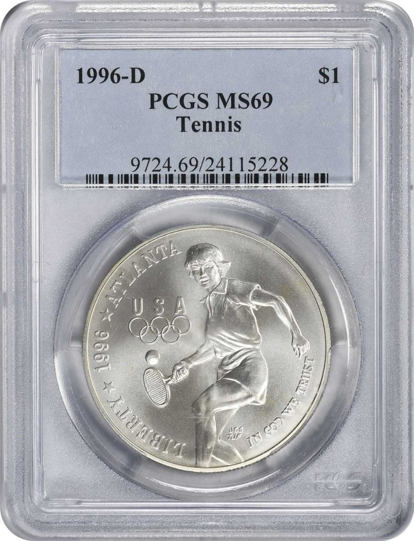PCGS MS69 1996-D Olympic Tennis Silver Commemorative Dollar: PCGS MS69 1996-D Olympic Tennis Silver Commemorative Dollar 1996-D Tennis Olympic Silver Commemorative Dollar graded MS69 by PCGS. This uncirculated commemorative silver dollar from the United States 