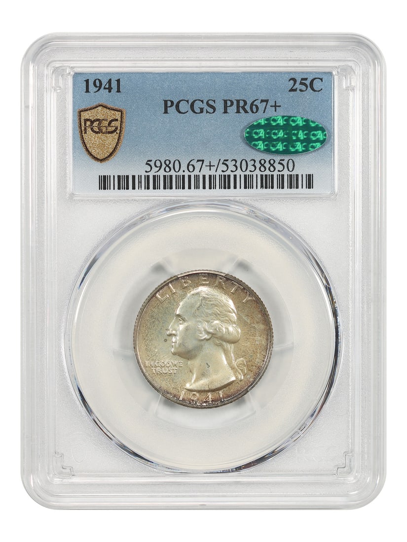 Washington Quarter 1941 25C PCGS PR67+ CAC: Washington Quarter 1941 25C PCGS PR67+ CAC 1941 Washington Quarter, denomination 25C, struck at the Philadelphia Mint. Certified by PCGS with CAC approval, graded PR67+. The coin is uncirculated and p