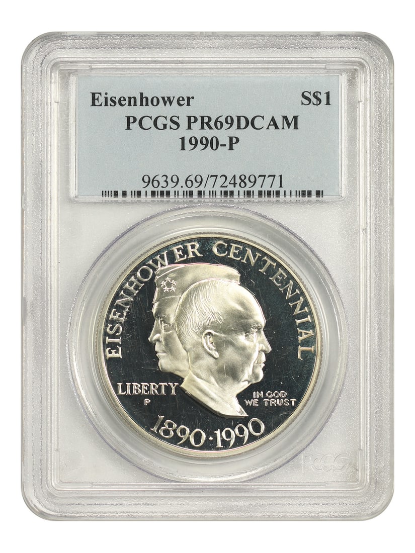 1990-P Eisenhower Silver Dollar PCGS PR69DCAM .7735 oz: 1990-P Eisenhower Silver Dollar PCGS PR69DCAM .7735 oz 1990-P Eisenhower $1 silver coin certified by PCGS as PR69DCAM. It is an uncirculated Philadelphia issue with a silver content of .7735 oz. Condi