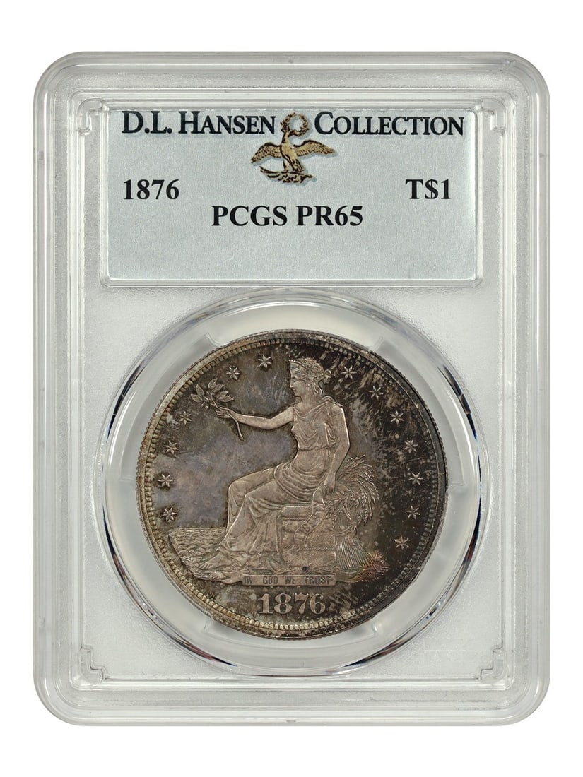 1876 Trade Dollar PCGS PR65 D.L. Hansen Uncirculated Champagne Grey-Gold: 1876 Trade Dollar PCGS PR65 D.L. Hansen Uncirculated Champagne Grey-Gold This 1876 Trade $1 coin, certified by PCGS with a grade of PR65, represents a remarkable piece of numismatic history. Struck in