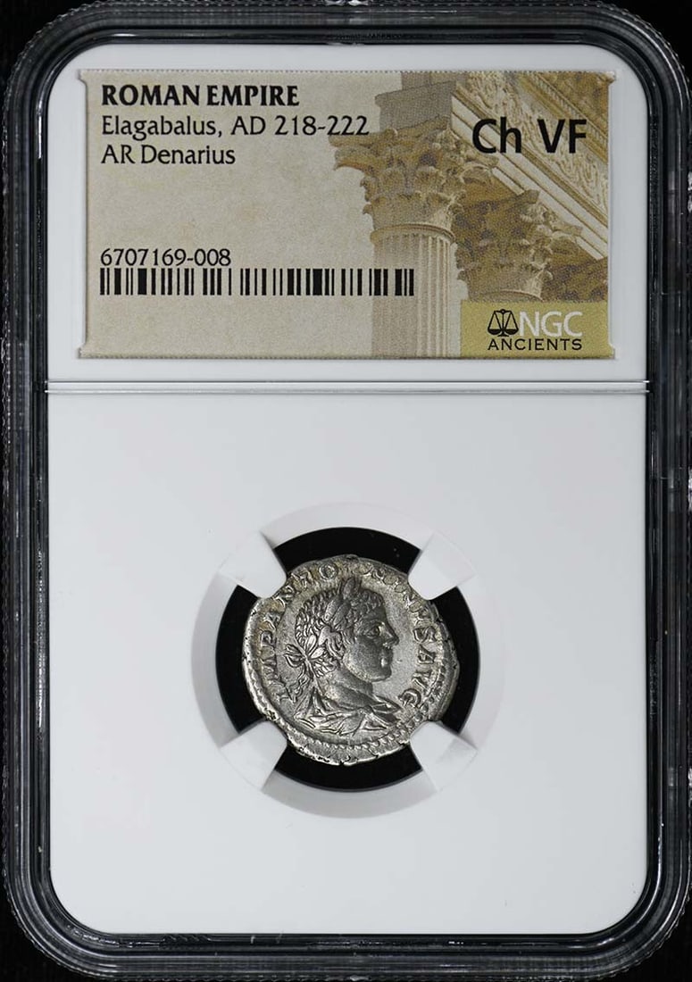 NGC VF30 Denarius Silver Coin of Elagabalus Roman Empire: NGC VF30 Denarius Silver Coin of Elagabalus Roman Empire This is a Roman Empire AR Denarius coin from the reign of Elagabalus, dating from AD 218-222. The coin has been certified by NGC with a grade o
