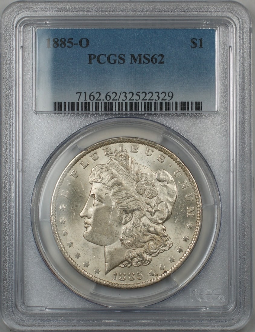 PCGS MS62 1885-O Morgan Silver Dollar New Orleans Mint Uncirculated: PCGS MS62 1885-O Morgan Silver Dollar New Orleans Mint Uncirculated This 1885-O Morgan Silver Dollar is graded MS-62 by PCGS and was minted in New Orleans. The coin is uncirculated and composed of sil