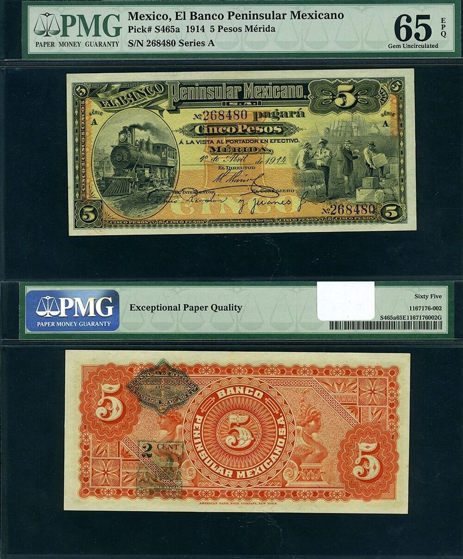 1914 Mexico 5 Pesos PMG Gem CU65EPQ Banco Peninsular Mexicano: 1914 Mexico 5 Pesos PMG Gem CU65EPQ Banco Peninsular Mexicano This is a 5 Pesos banknote issued by El Banco Peninsular Mexicano in 1914, originating from Mexico. The note has been graded by PMG as Gem