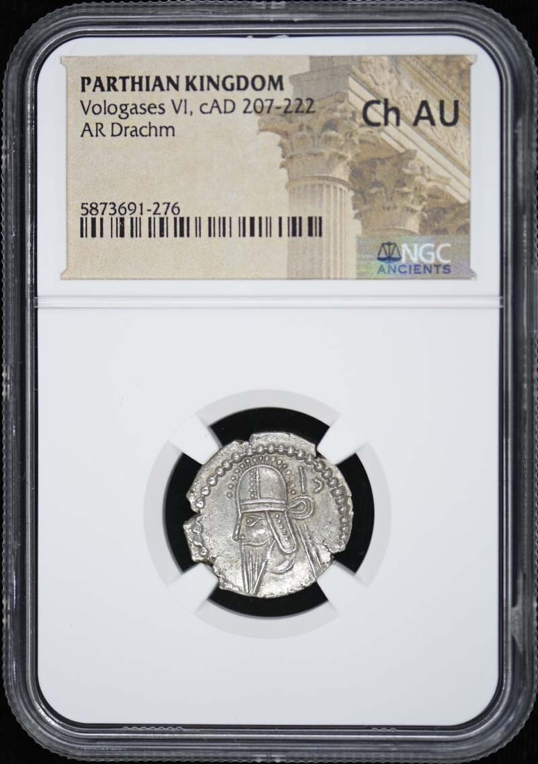 Vologases VI Parthian AR Drachm NGC AU55 Certified Coin: Vologases VI Parthian AR Drachm NGC AU55 Certified Coin This impressive AR Drachm from the Parthian Kingdom features Vologases VI, who ruled from AD 207 to 222. Graded AU55 by NGC, this coin showcases
