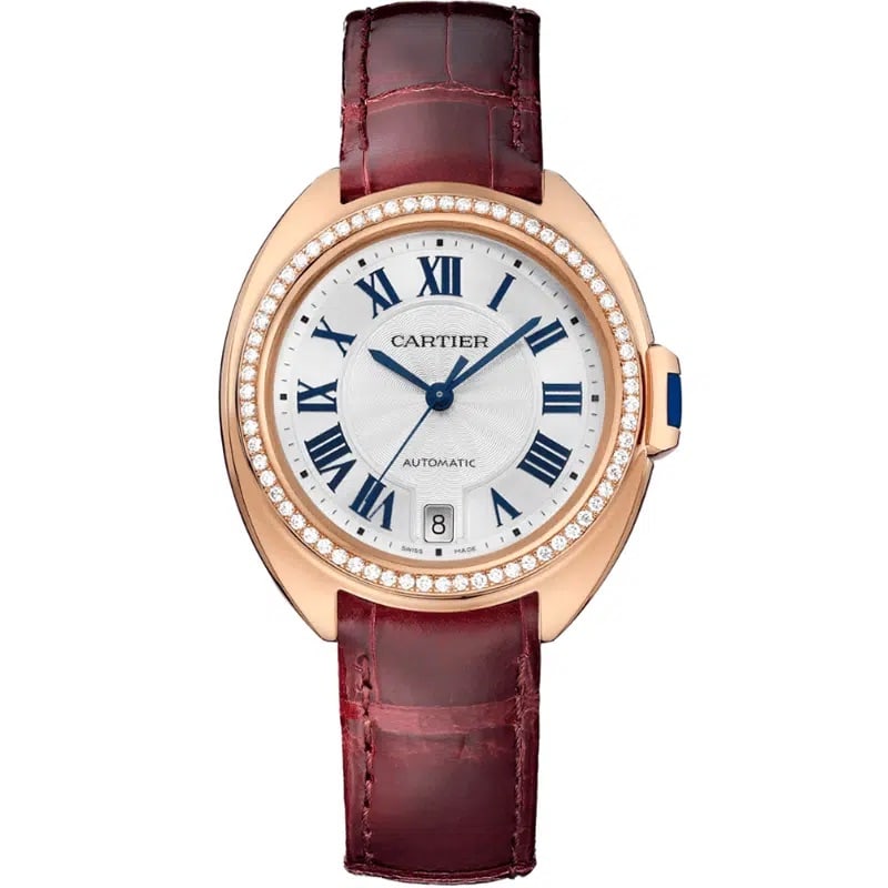 Ladies Cartier Cle Ref 3950 Silver Dial Leather Band With Card 2017: Ladies Cartier Cle Ref 3950 Silver Dial Leather Band With Card 2017 This Cartier Cle watch features a silver dial, diamond bezel, and a leather bracelet. It is designed for ladies and comes from the C