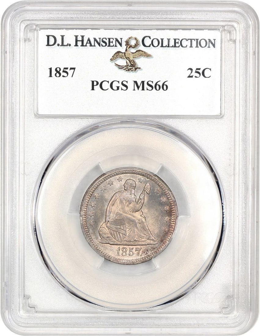 1857 Liberty Seated Quarter 25C PCGS MS66 ex D.L. Hansen: 1857 Liberty Seated Quarter 25C PCGS MS66 ex D.L. Hansen An 1857 Liberty Seated Quarter graded PCGS MS66 with satiny to semi-reflective luster and beautiful gem surfaces. The coin shows pleasing sienn