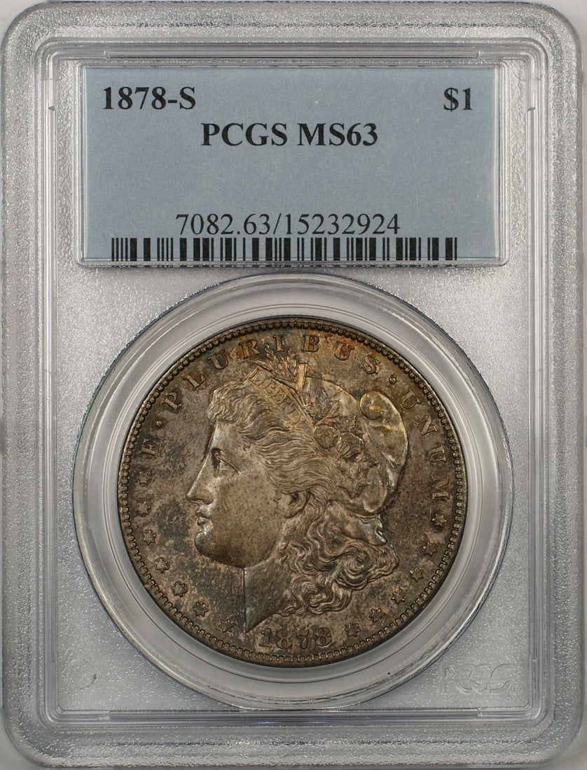 PCGS MS63 1878-S Morgan Silver Dollar Toned: PCGS MS63 1878-S Morgan Silver Dollar Toned This is a 1878-S Morgan Silver Dollar coin from the United States. The coin is composed of silver and is graded MS 63 by PCGS, indicating it is in uncircula