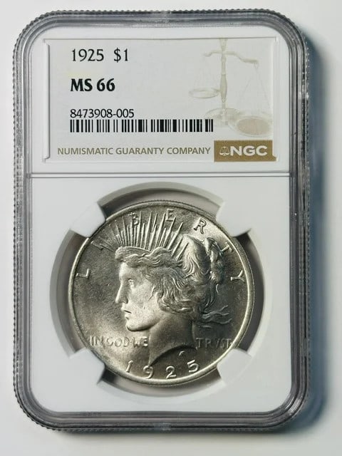 NGC MS-66 1925 USA Silver Peace Dollar: NGC MS-66 1925 USA Silver Peace Dollar A 1925 Peace Dollar graded MS 66 by NGC. This pre-owned U.S. silver dollar is identified by denomination and year, with certification details recorded. Specifica