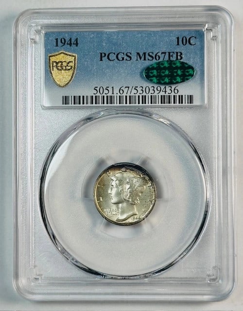 PCGS MS67 FB CAC 1944 Philadelphia Silver Mercury Dime: PCGS MS67 FB CAC 1944 Philadelphia Silver Mercury Dime This is a 1944 Mercury Dime struck at the Philadelphia Mint, certified by PCGS with the grade MS-67 Full Bands (FB) and approved by CAC. The coin