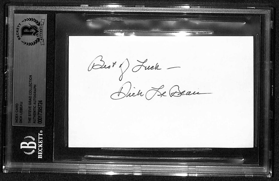 Beckett Certified Dick LeBeau autographed 3x5 index card: Beckett Certified Dick LeBeau autographed 3x5 index card This 3x5 index card features the authentic autograph of Pro Football Hall of Famer Dick LeBeau. The signed card is encapsulated and certified b