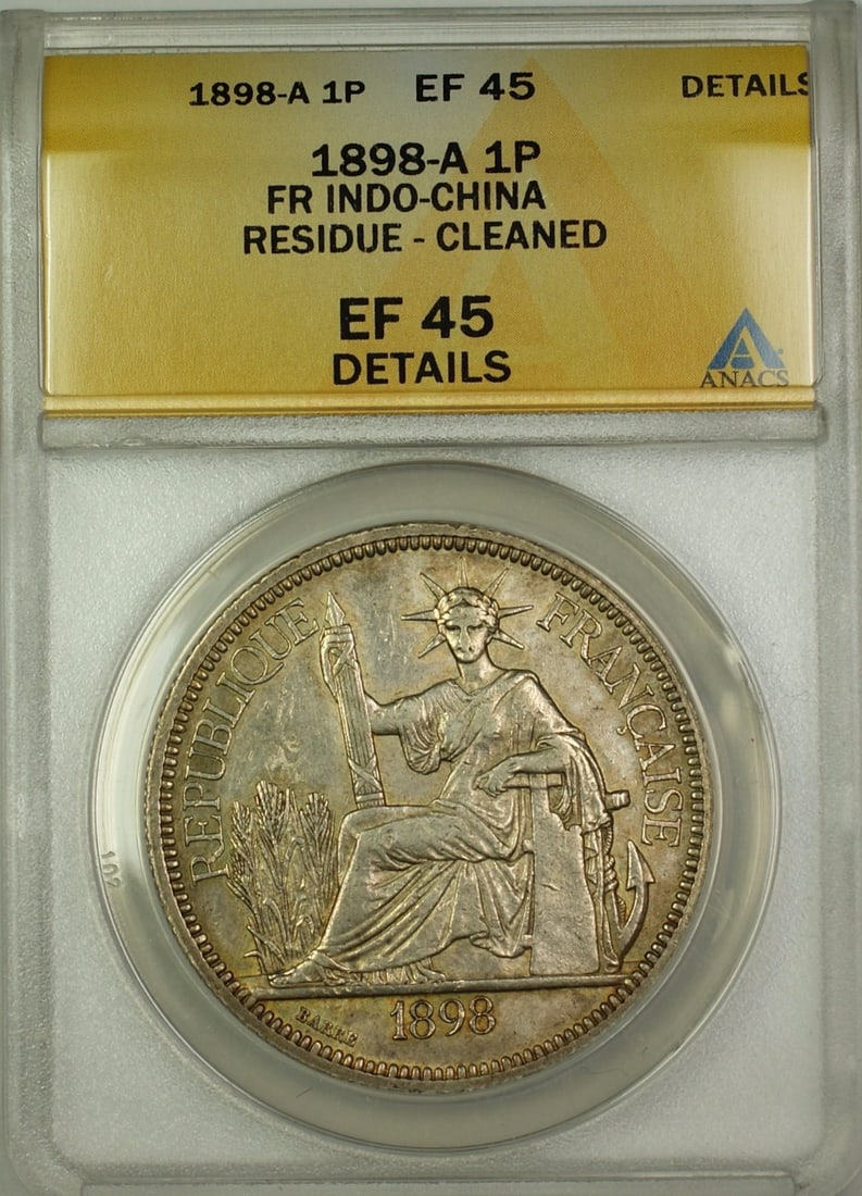 1898 French Indochina Silver 1 Piastre Coin ANACS EF-45 Details Certified: 1898 French Indochina Silver 1 Piastre Coin ANACS EF-45 Details Certified This 1898-A French Indo-China 1 Piastre coin is composed of silver with a fineness of 0.9. Certified by ANACS with a grade of 