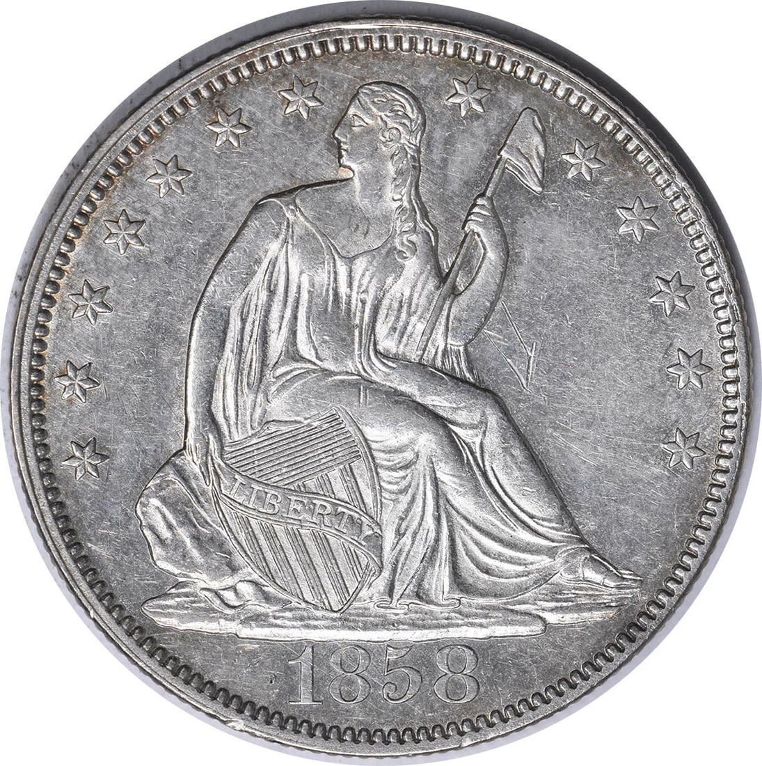 1858 Liberty Seated Half Dollar AU Type 2 Reverse 50C Silver Coin (1 of 2)