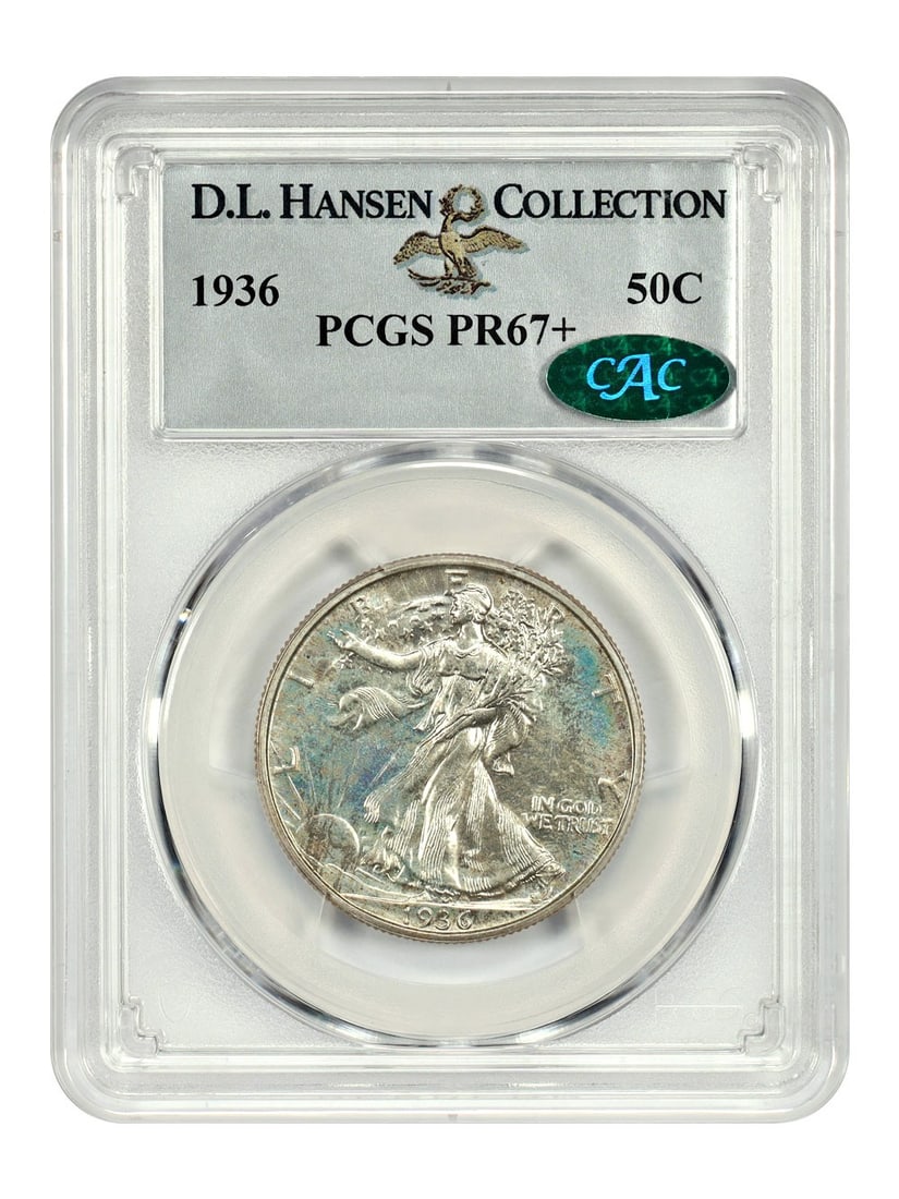 PCGS CAC PR67+ 1936 Walking Liberty 50C Half Dollar ex D.L. Hansen: PCGS CAC PR67+ 1936 Walking Liberty 50C Half Dollar ex D.L. Hansen 1936 Walking Liberty Half Dollar, 50C, PCGS certified and CAC approved, graded PR67+. This first-year Walker proof was struck at the 