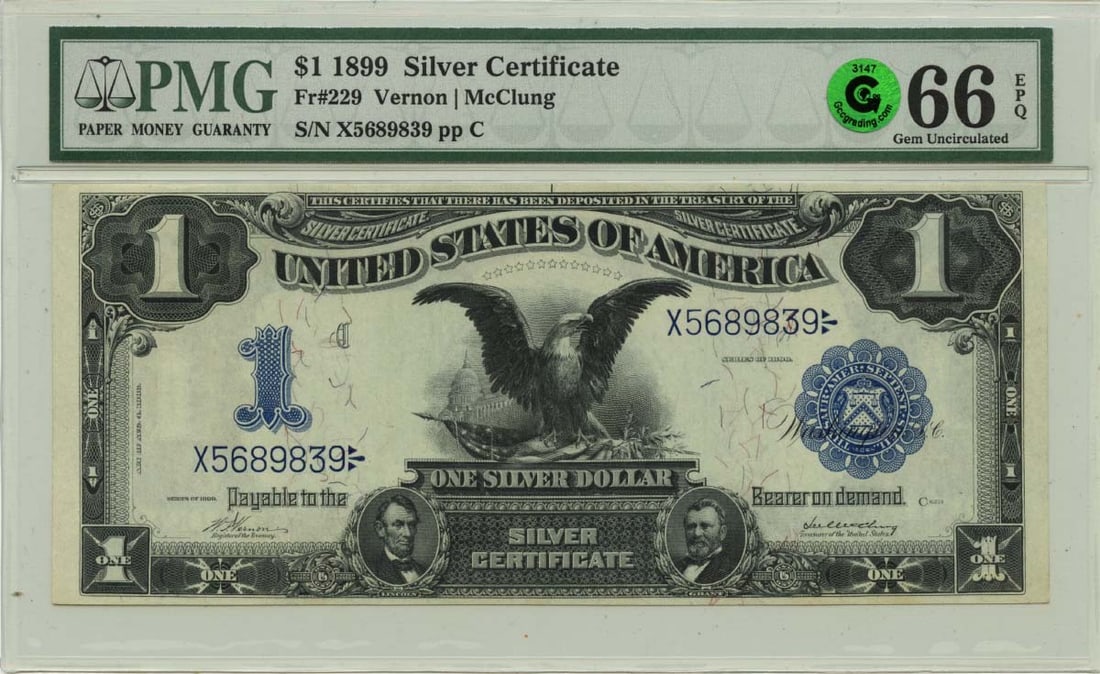 PMG Graded 1899 Silver Certificate Dollar GEM 66 EPQ FR229 (1 of 2)