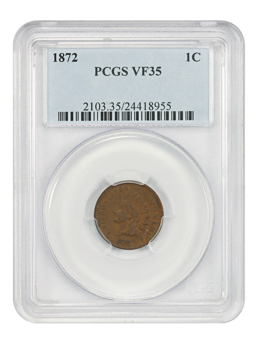 PCGS VF35 1872 Indian Cent 1C BN Philadelphia: PCGS VF35 1872 Indian Cent 1C BN Philadelphia 1872 Indian Cent, denomination 1C, certified by PCGS and graded VF35. This circulated Philadelphia issue is listed with BN color and pre-owned condition. 