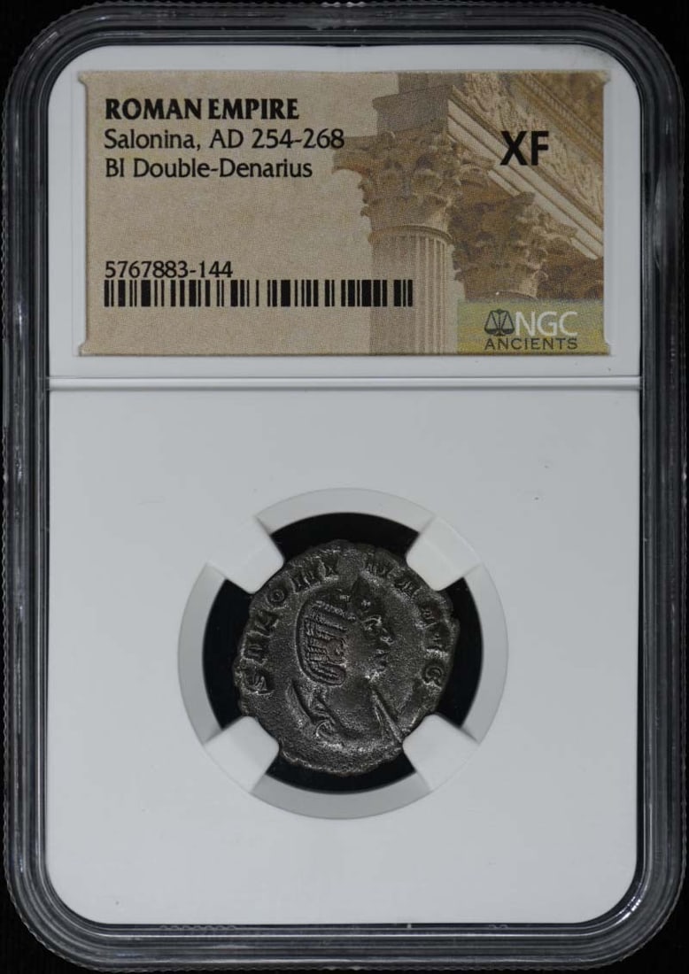 NGC XF Certified Roman Empire Double Denarius Coin of Salonina: NGC XF Certified Roman Empire Double Denarius Coin of Salonina This is a Roman Empire BI Double-Denarius coin from the reign of Salonina, dated AD 254-268. The coin has been certified by NGC and grade