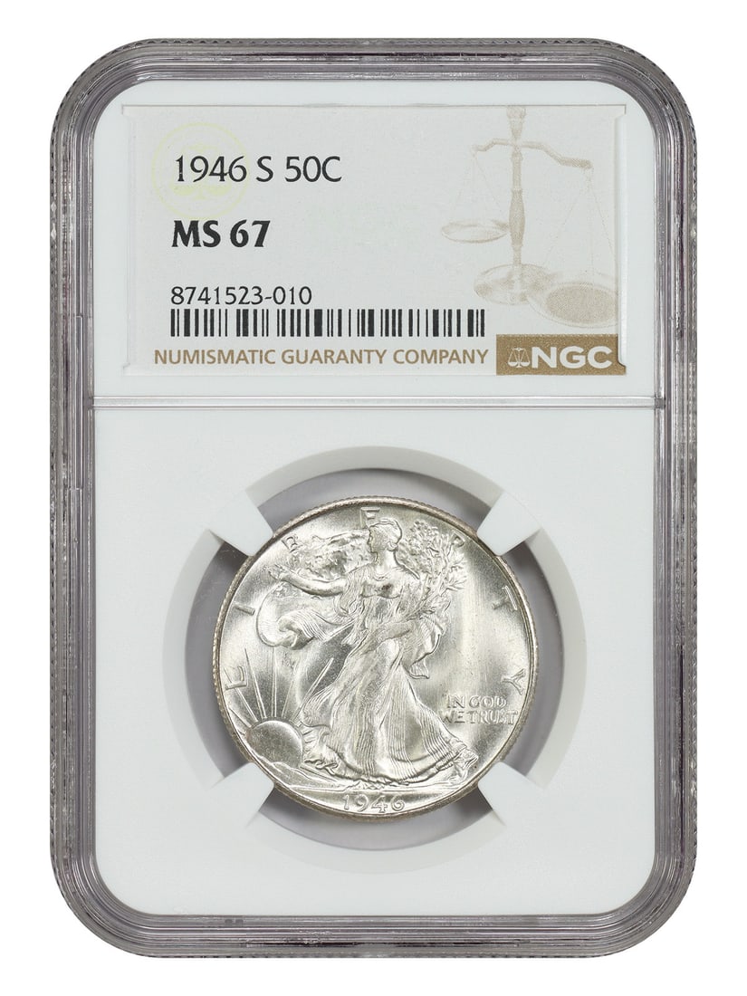 NGC MS67 1946-S Walking Liberty 50C Half Dollar: NGC MS67 1946-S Walking Liberty 50C Half Dollar 1946-S Walking Liberty Half Dollar certified by NGC and graded MS67. This uncirculated 50C coin from the San Francisco mint is described as mostly white
