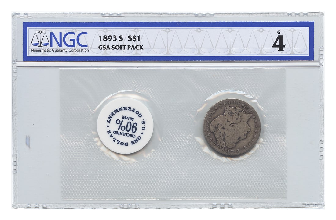 1893-S Morgan Dollar $1 NGC Good 04 in GSA Soft Pack: 1893-S Morgan Dollar $1 NGC Good 04 in GSA Soft Pack 1893-S Morgan Dollar certified by NGC and housed in a GSA soft pack. This circulated example is graded Good 04 and is described as the only known 1