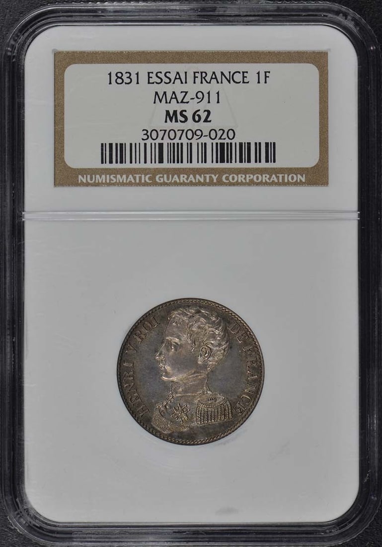 1831-A France Essai 1F Coin NGC MS62 Certified: 1831-A France Essai 1F Coin NGC MS62 Certified This 1831-A France Essai 1F coin is a remarkable example of French numismatic history. Graded MS62 by NGC, this uncirculated piece showcases its original