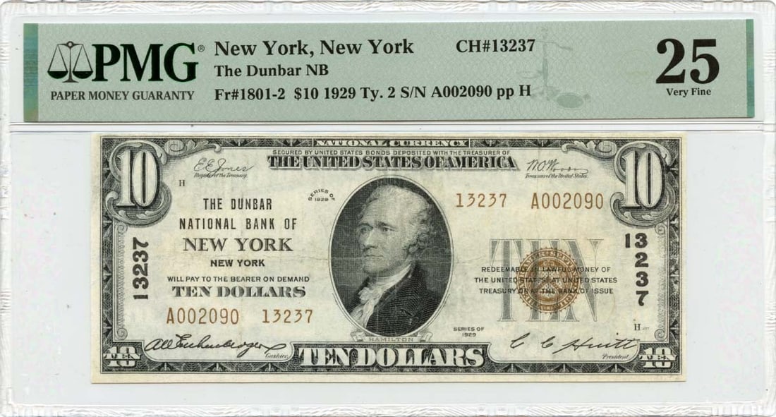 1929 $10 Dunbar National Bank NY CH#13237 PMG VF25 Note: 1929 $10 Dunbar National Bank NY CH#13237 PMG VF25 Note This 1929 Ty. 2 $10 note from Dunbar National Bank in New York, NY, is a noteworthy collectible. Graded VF25 by PMG, this bill is in circulated 