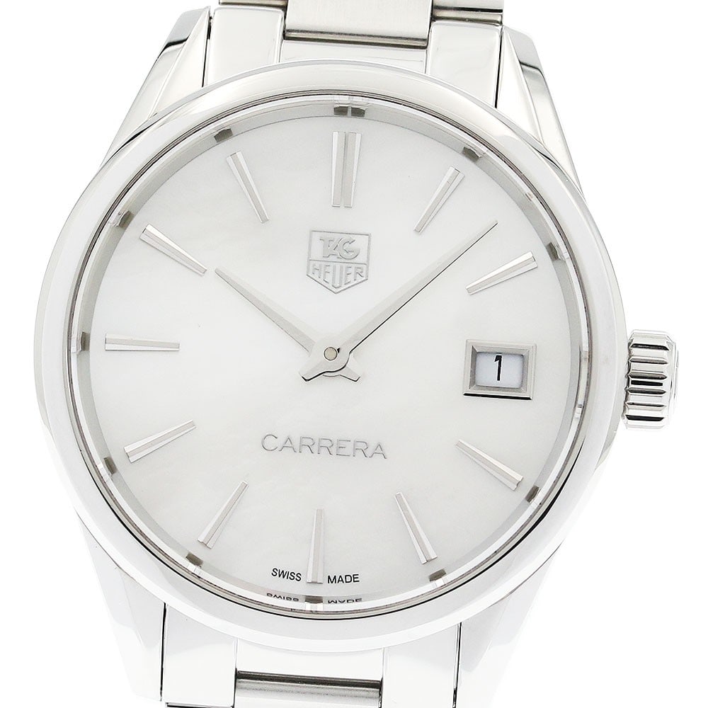 TAG Heuer Carrera Date Quartz Ladies Steel Watch WAR1311: TAG Heuer Carrera Date Quartz Ladies Steel Watch WAR1311 This TAG Heuer Carrera Date Quartz ladies wristwatch features a stainless steel case and bracelet, complemented by a white mother-of-pearl dial