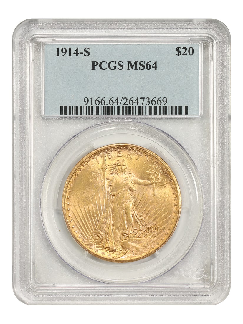 PCGS MS64 1914-S St. Gaudens $20 Gold Coin: PCGS MS64 1914-S St. Gaudens $20 Gold Coin A 1914-S St. Gaudens $20 gold coin certified by PCGS and graded MS64. The coin is described as a slightly better date with a much lower mintage than other ge