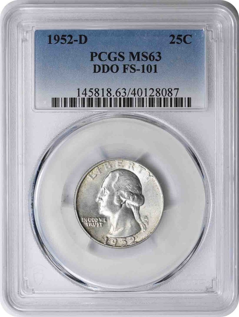 1952-D Washington Quarter DDO FS-101 Graded MS63 by PCGS: 1952-D Washington Quarter DDO FS-101 Graded MS63 by PCGS This 1952-D Washington Quarter is a remarkable piece certified by PCGS with a grade of MS63. Struck in Denver, this uncirculated coin features 