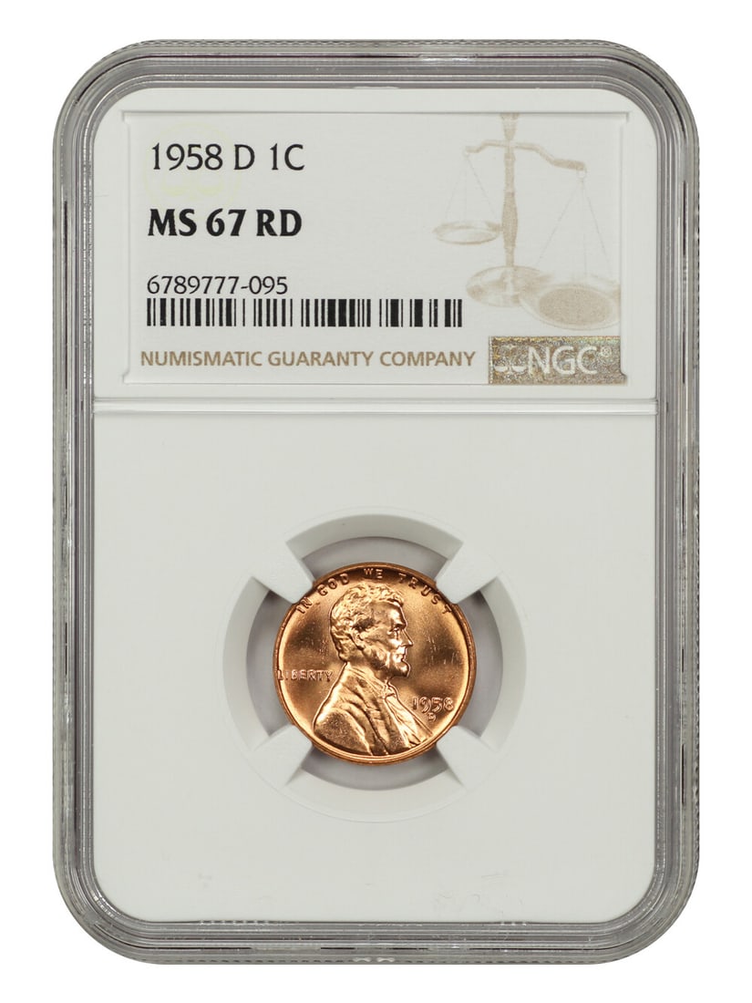 1958-D Lincoln Cent NGC MS67RD Uncirculated Wheat Reverse: 1958-D Lincoln Cent NGC MS67RD Uncirculated Wheat Reverse This 1958-D Lincoln Cent is graded as MS67RD by NGC, ensuring its outstanding quality and preservation. As an uncirculated coin from the Denve