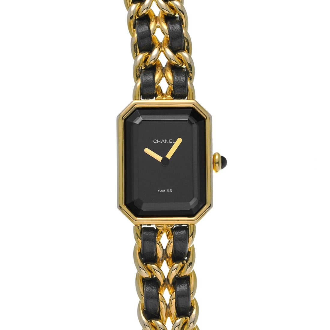 Chanel Premiere L H0001 Ladies Watch Black Dial Gold Plated Leather Bracelet: Chanel Premiere L H0001 Ladies Watch Black Dial Gold Plated Leather Bracelet This Chanel Premiere L watch features a black dial and a fixed bezel, complemented by a gold-plated and leather bracelet. D