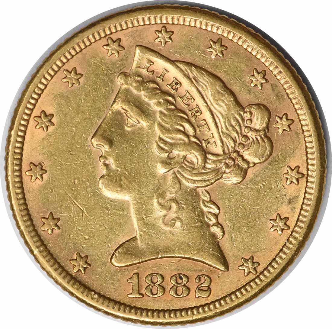 1882 $5 Gold Liberty Head Coin AU Uncertified Christian Gobrecht Design: 1882 $5 Gold Liberty Head Coin AU Uncertified Christian Gobrecht Design This 1882 $5 Gold Liberty Head coin showcases exquisite craftsmanship and historical significance. Designed by Christian Gobrech