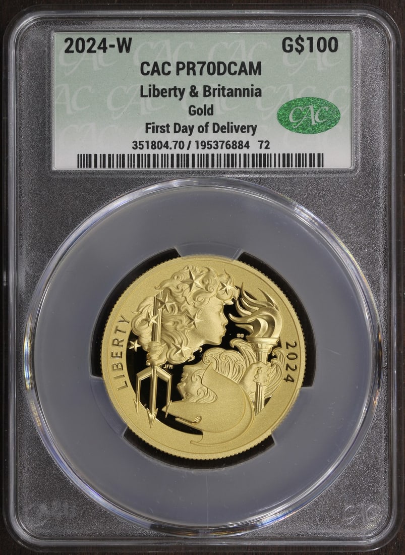2024-W Liberty Britannia $100 Gold Proof 1 oz PR70 CAC FDOD: 2024-W Liberty Britannia $100 Gold Proof 1 oz PR70 CAC FDOD 2024-W Proof Liberty & Britannia Gold Liberty $100 coin graded PR 70 and certified CAC. It is composed of gold with 0.9999 fineness and cont