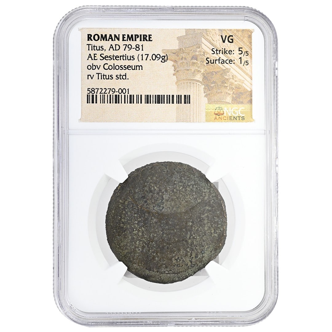 NGC Certified Titus AE Sestertius Colosseum Reverse Silver Coin: NGC Certified Titus AE Sestertius Colosseum Reverse Silver Coin This is an AE Sestertius coin from the Roman Empire, issued under the reign of Titus (AD 79-81). The reverse of the coin features a depi