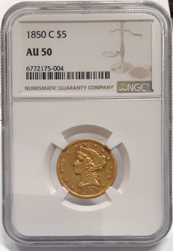 NGC AU-50 1850-C $5 Liberty Half Eagle Gold Coin Charlotte Mint Rotated Dies: NGC AU-50 1850-C $5 Liberty Half Eagle Gold Coin Charlotte Mint Rotated Dies This 1850-C Liberty $5 Half Eagle gold coin was minted in Charlotte and is composed of 90% gold. It has been graded AU-50 b