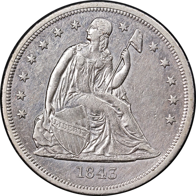 1843 Seated Liberty Dollar Silver Nice AU/BU Eye Appeal: 1843 Seated Liberty Dollar Silver Nice AU/BU Eye Appeal This 1843 Seated Liberty Dollar showcases remarkable eye appeal, featuring bright white luster and a strong strike. Graded as Nice AU/BU Details