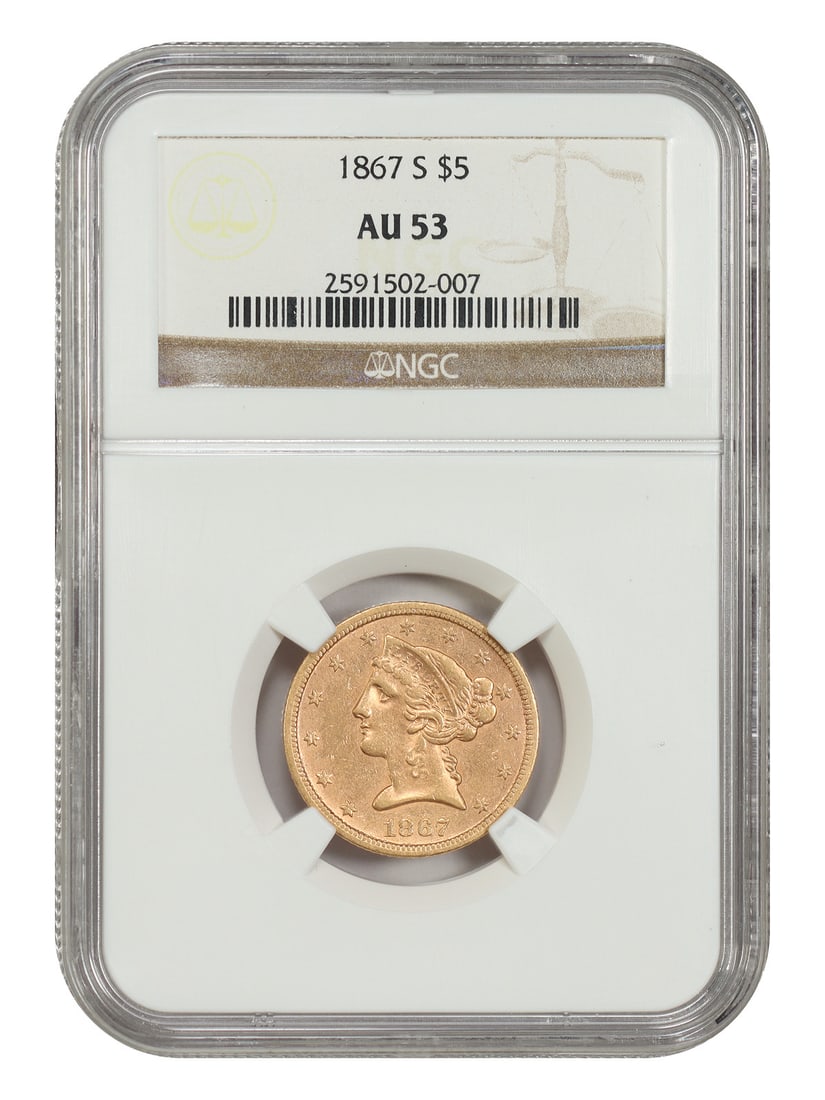 NGC AU53 1867-S Liberty Head Half Eagle $5 Gold Coin: NGC AU53 1867-S Liberty Head Half Eagle $5 Gold Coin An 1867-S Liberty Head Half Eagle $5 coin certified by NGC with an AU53 grade. This circulated San Francisco issue is a scarce date from a low mint