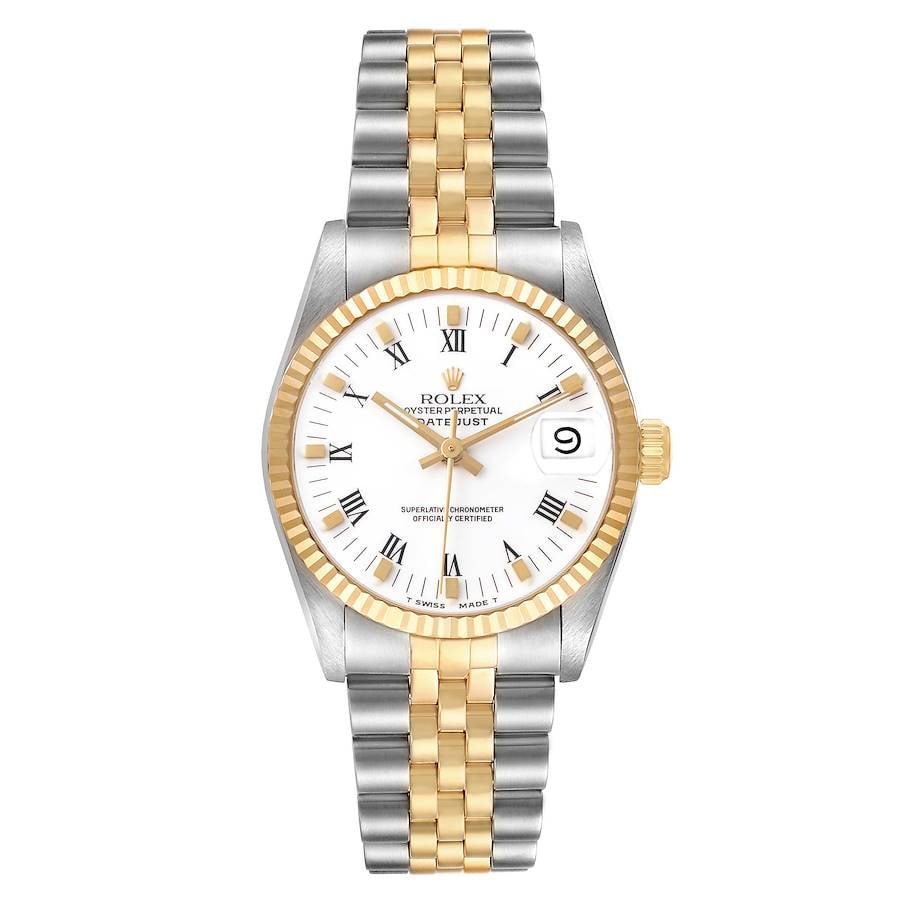 Ladies Rolex Datejust 68273 White Roman Dial D-Link Jubilee Watch: Ladies Rolex Datejust 68273 White Roman Dial D-Link Jubilee Watch Rolex Datejust ladies wristwatch featuring a white Roman dial, fluted bezel, and D-Link Jubilee bracelet. This watch is identified by 
