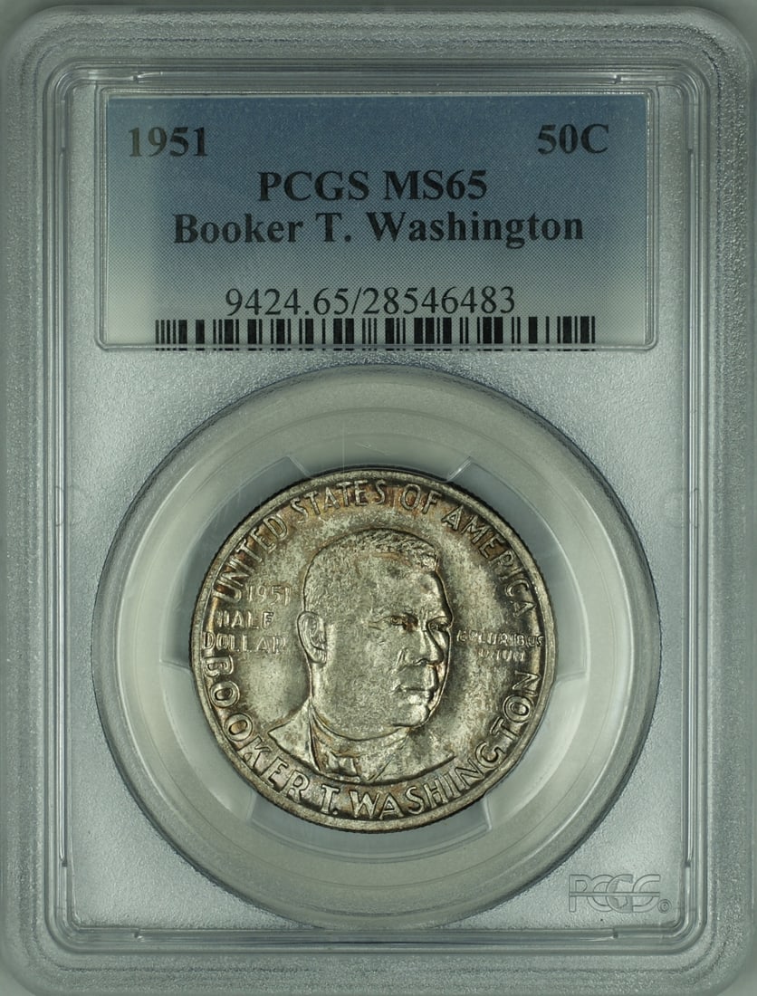 PCGS MS65 1951 Booker T Washington commemorative silver half dollar: PCGS MS65 1951 Booker T Washington commemorative silver half dollar This is a 1951 Booker T. Washington commemorative half dollar, struck in silver and graded MS-65 by PCGS. The coin originates from t