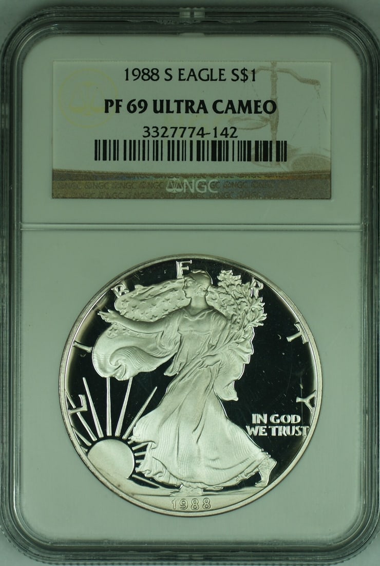 1988-S Silver Eagle Proof Dollar NGC PR 69 Ultra Cameo Certified Coin: 1988-S Silver Eagle Proof Dollar NGC PR 69 Ultra Cameo Certified Coin This 1988-S American Proof Silver Eagle $1 coin is graded NGC PF 69 Ultra Cameo. It is a commemorative proof coin featuring a deno