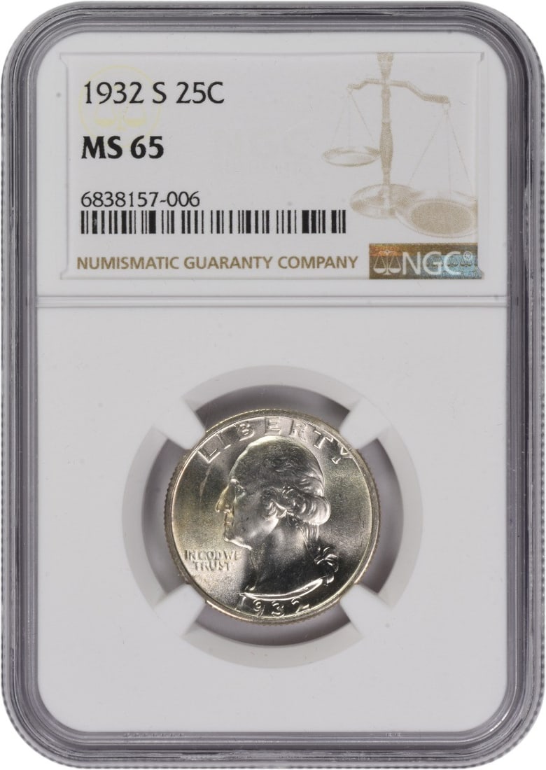 MS65 NGC Graded 1932 San Francisco Washington Quarter Silver Coin: MS65 NGC Graded 1932 San Francisco Washington Quarter Silver Coin This is a 1932-S Washington Quarter graded MS65 by NGC. Struck at the San Francisco Mint, this uncirculated coin is composed of 90% si