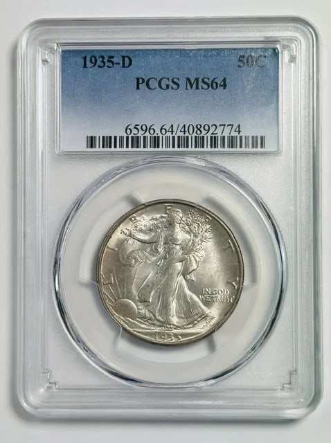 1935-D Walking Liberty Half Dollar PCGS MS64 Silver: 1935-D Walking Liberty Half Dollar PCGS MS64 Silver This is a 1935 D Walking Liberty Half Dollar graded MS-64 by PCGS. Struck in silver at the Denver Mint, this uncirculated coin is a sought-after col